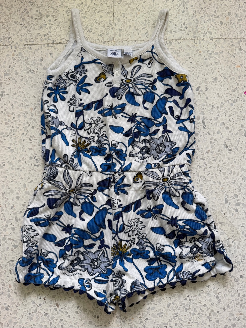 Petit Bateau White Tank Romper with Blue Floral Print
